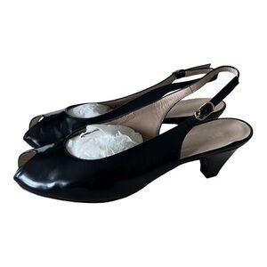 Bruno Magli Black Patent Leather Sling Back Open Toe Sandals Heels Size 6.5B